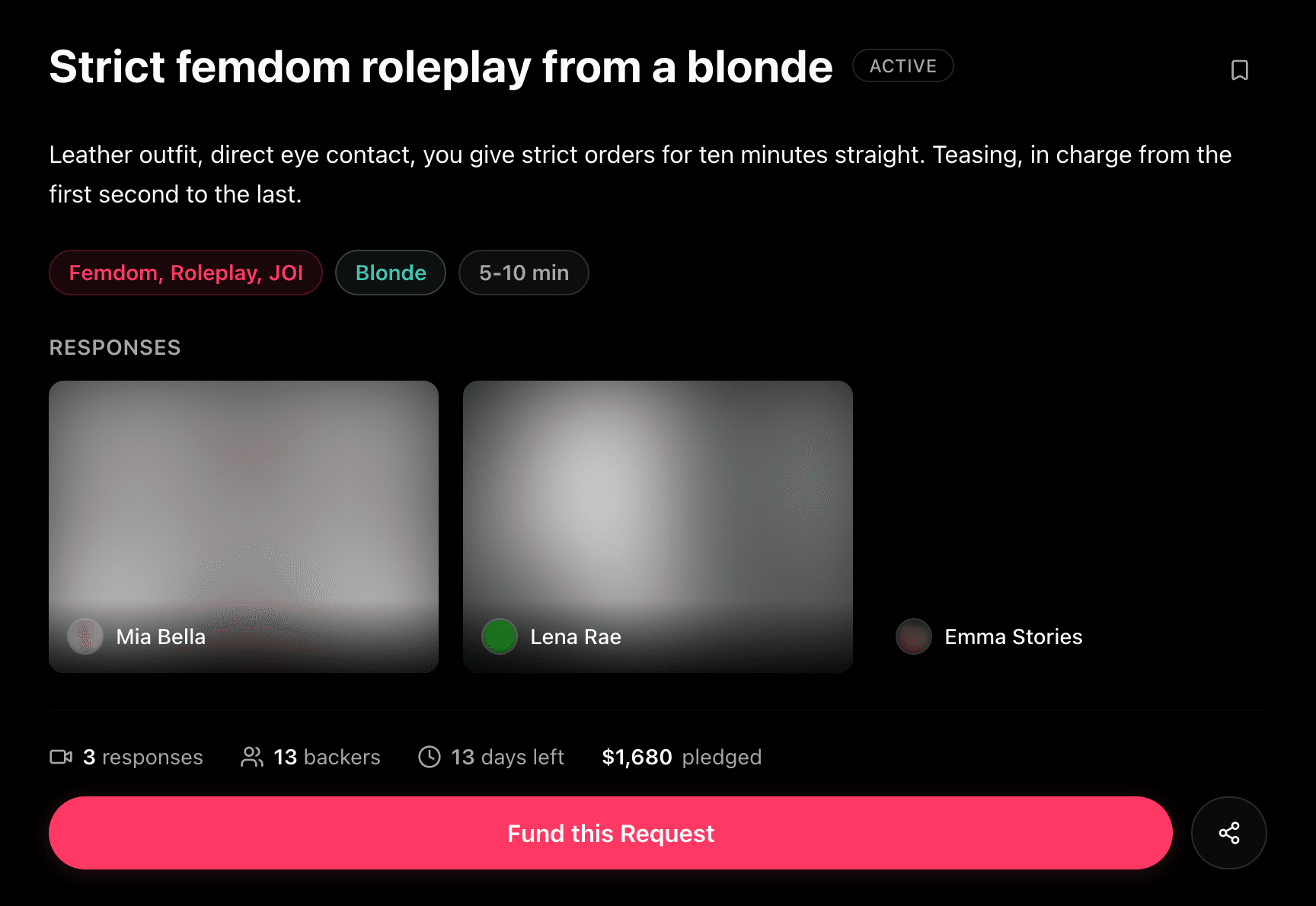 A request on ReallyYou: three creators answered with videos and 13 fans have $1,680 on it (content blurred)